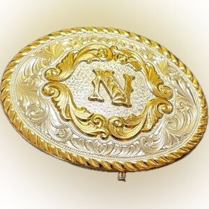 Vintage Montana Silversmiths Silver Plate N Initial Belt Buckle Western
